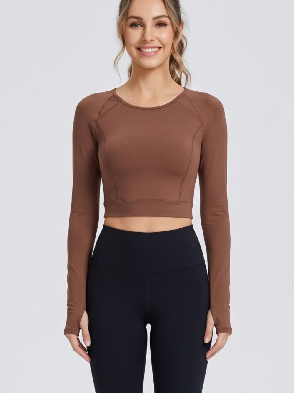 NWT Leapstride Brown Long Sleeve Athletic Crop Top Thumb Holes small